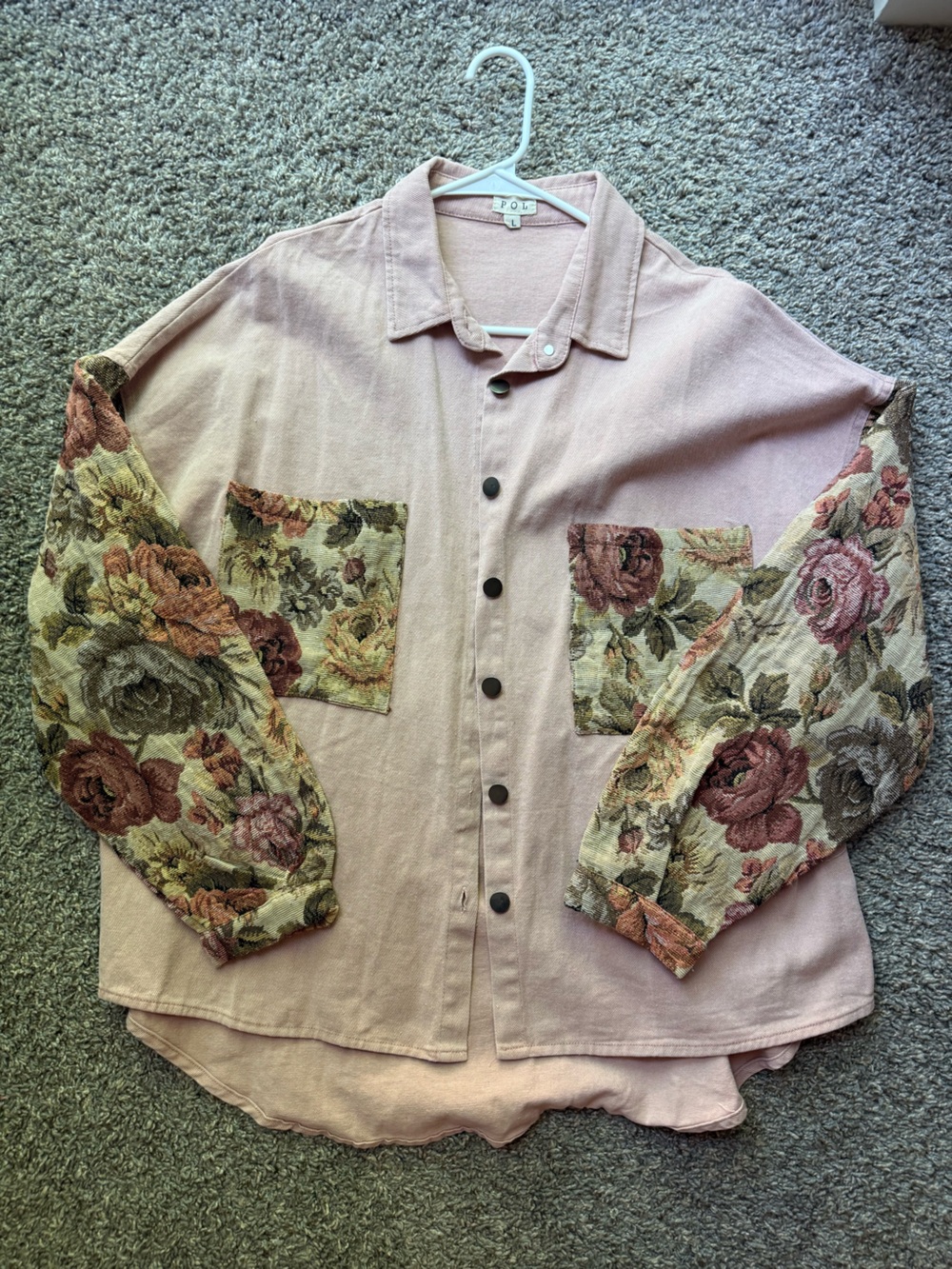 POL Pink Floral Sleeve & Pocket Button-Up Jacket